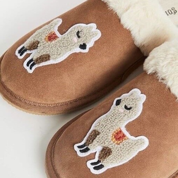 New Soludos Llama lama Cozy Slippers Genuine Tan Suede Leather Faux Fur Comfort - Picture 3 of 4